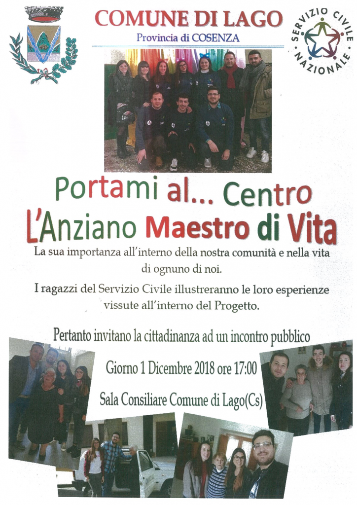 Invito Portami al Centro: 1 dicembre 2018 ore 17:00, Sala Consiliare, Lago